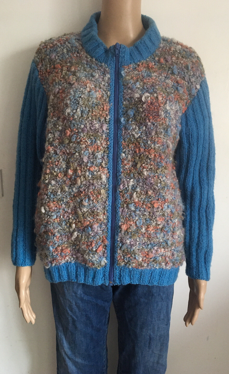 Ladies Hand Knitted Ladies Wool Cardigan zip up.  one of kind Rare
