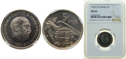 Spain 1957 73 5 Pesetas Coppernickel 75 copper 25 nickel NGC MS 65