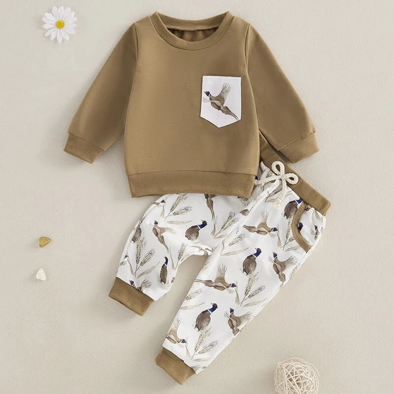 Baby Boy & Girl Wild Goose Print Outfit – Pullover Sweatshirt & Elastic Waist Pa