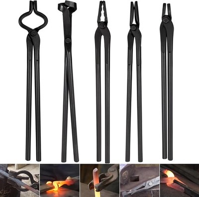 Blacksmith Tools Set 5 Piece Tongs Kit Flat Square Jaw Bolt