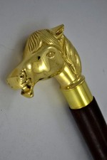 Brass Horse Head Handle Antique Men's Cane Wooden Walking Stick Vintage Gift