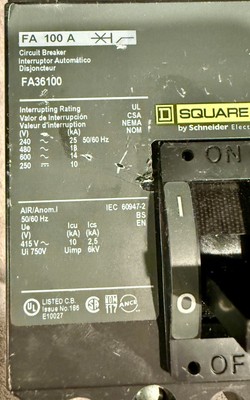 Square D 100 Amp 3 Pole 600 VAC Circuit Breaker FA36100 I-Line Style