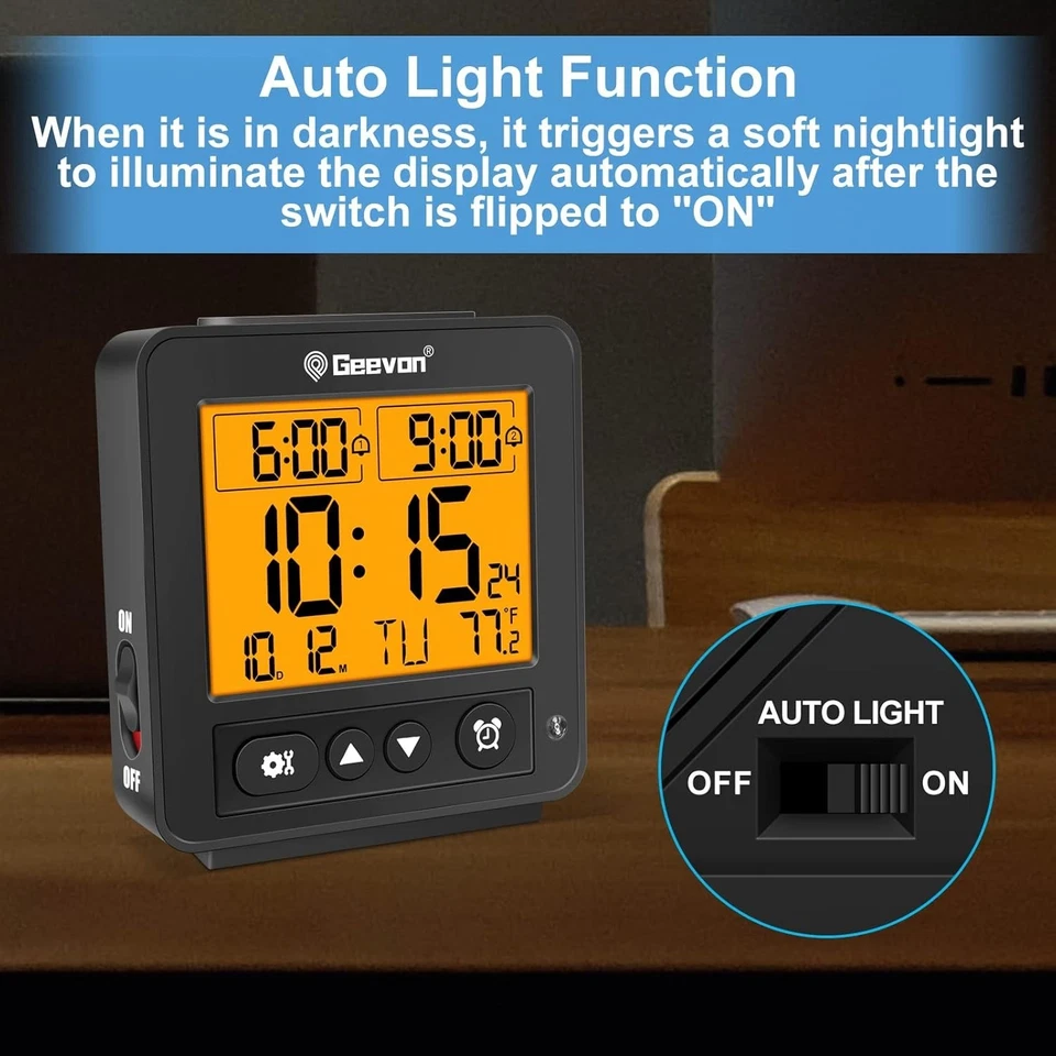 Small Atomic Travel Alarm Clock with Auto/8s Backlight, 2 Alarm Settings, Tem... - Image 4 of 4