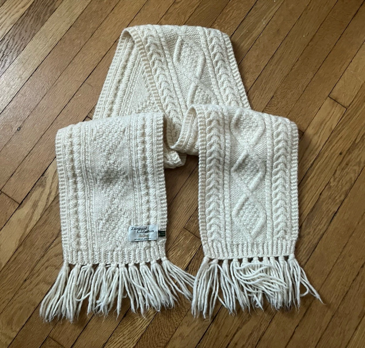 Donegal by Magee Aran Knit Scarf 100% Irish Wool Handmade Fringe Ivory Vintage