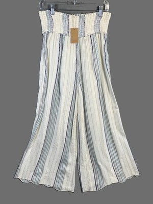 Surf Gypsy Wide Leg Smocked Waist Pants Women's Size M White Striped Lurex NWT