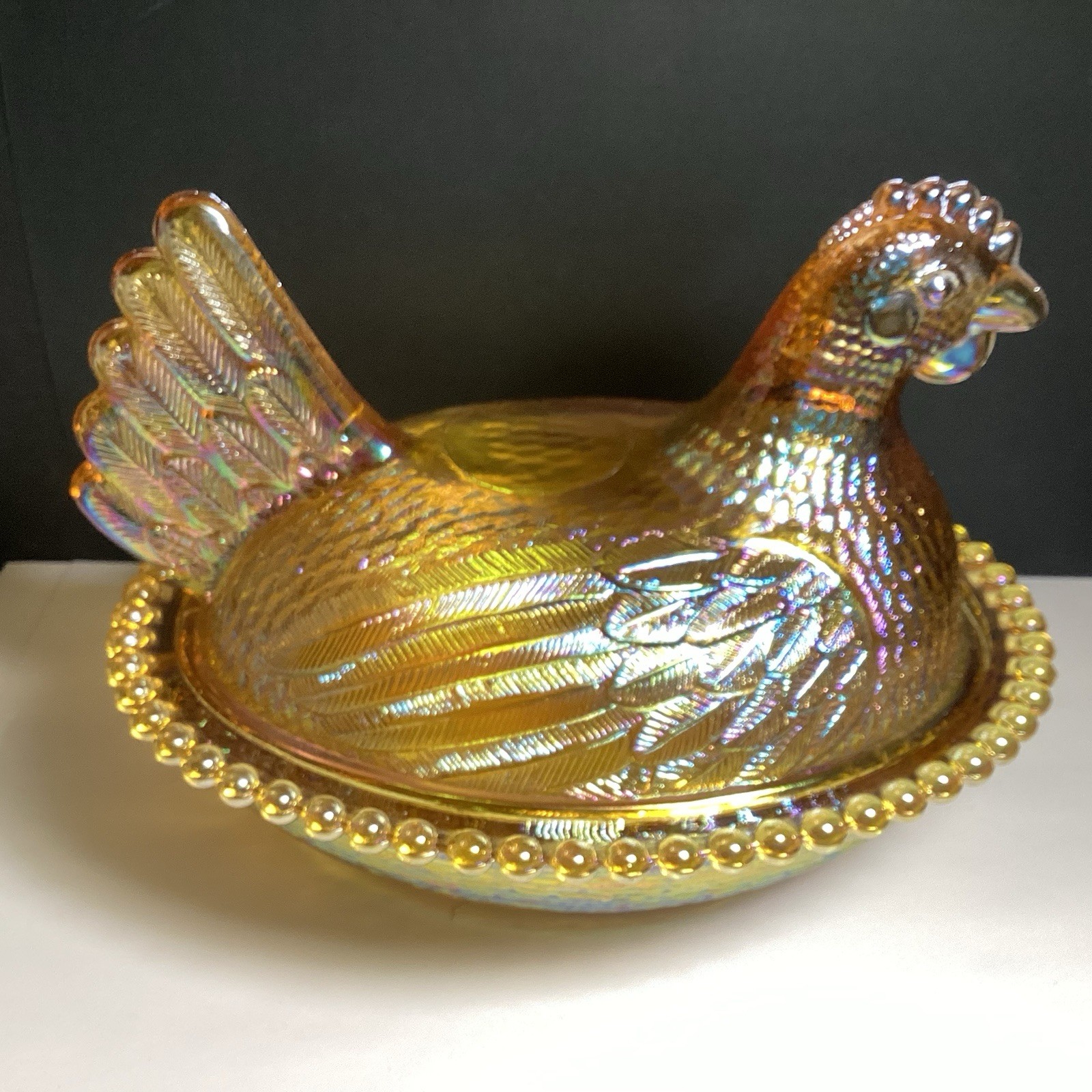 Indiana Glass Hen On Nest Marigold Carnival Vintage Genuine A+ Condition Nice