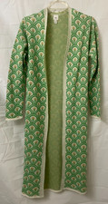 River Island Women's Long Cardigan Belt Sweater Green Geometric L/S Open Front M