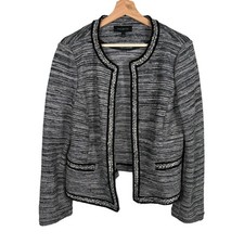 Talbots Tweed Blazer Women Large Black White Braided Trim Open Front Jacket