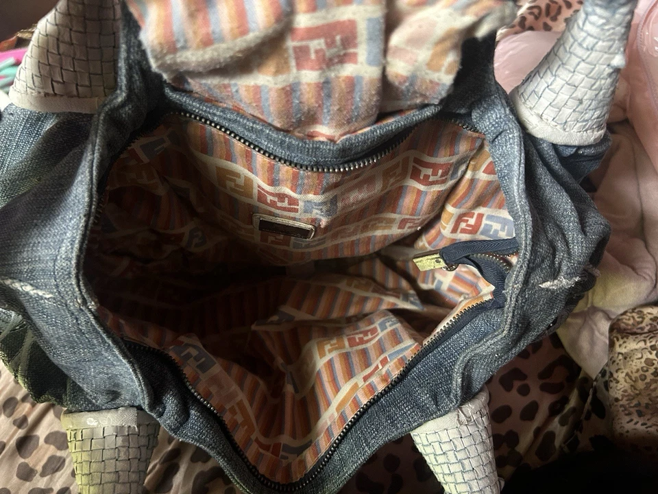 Bolso FENDI Denim/Lona Espía Bordado Cristales Cuero Blanco Asas Tejidas NUEVO Foto 4 de 4