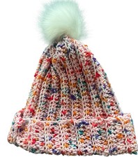 Crochet Ribbed Beanie With Faux Fur Pom Pom - Adult Size Bubblegum Speckle