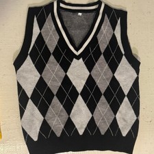 Kids Argyle Sweater Vest Black Gray White V-Neck Preppy Unisex Size L