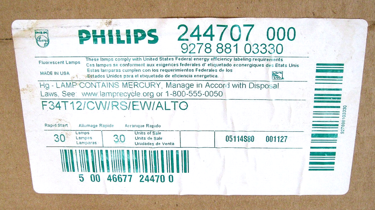 30 PHILIPS 34w FLUORESCENT TUBE LIGHT BULB LAMP F34T12/CW/RS/EW