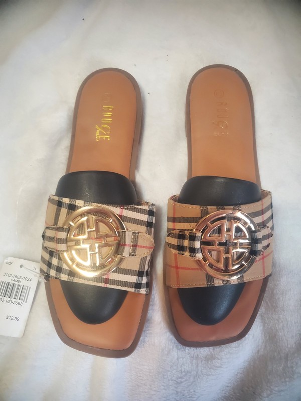 Rouge Helium Slide Sandals Camel Gold Plaid Logo Slip On Womens Size 8.5