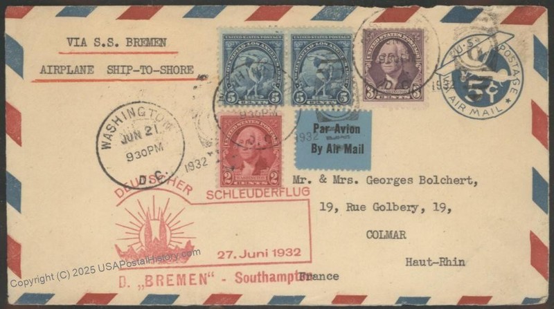 USA 1932 Bremen Catapult K110 Cover Airmail Germany Colmar 116215