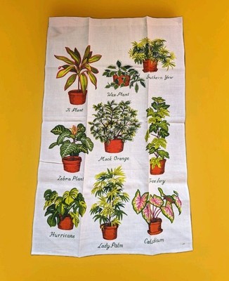 Vintage 1970s MCM House Plant Garden Linen Tea Towel