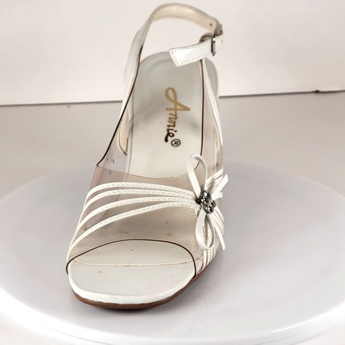 Annie White Slingback Sandals 6M Open Toe Clear Heel Strappy Bow Rhinestones - Picture 18 of 22