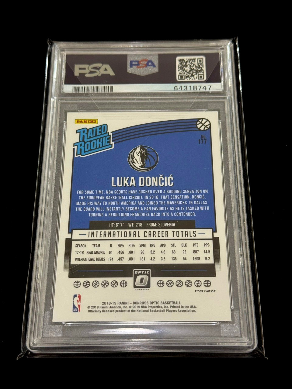 LUKA DONCIC 2018DONRUSS OPTIC #177 PURPLE HOLO PRIZM RATED ROOKIE RC PSA 10 GEM view 2
