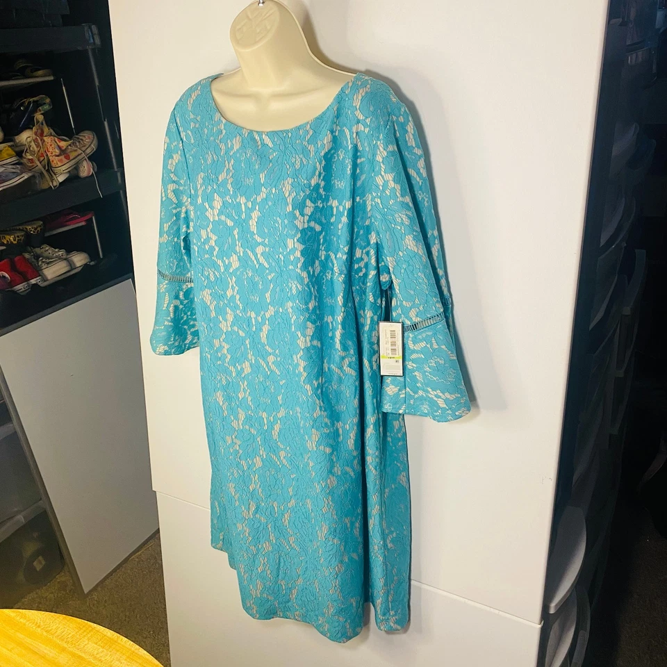 Vestido Jessica Howard Turquesa Manga Campana 3/4 Encaje Superpuesto Forrado Plus Cremallera 18W Foto 2 de 4