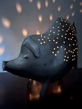 VTG Metal Pig Candle Holder 12.5" Rustic Patina Farmhouse Country Cottage Core