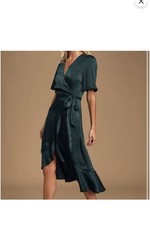 LULUS Wrapped Up In Love Dark Green Satin Faux-Wrap Midi Dress NEW 