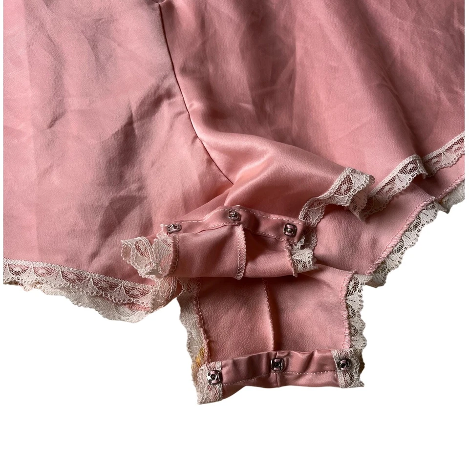 Vintage Sasson Pink Satin Teddy Lace Trim Bodysuit Romper Lingerie Playsuit | XS - Image 4 of 4