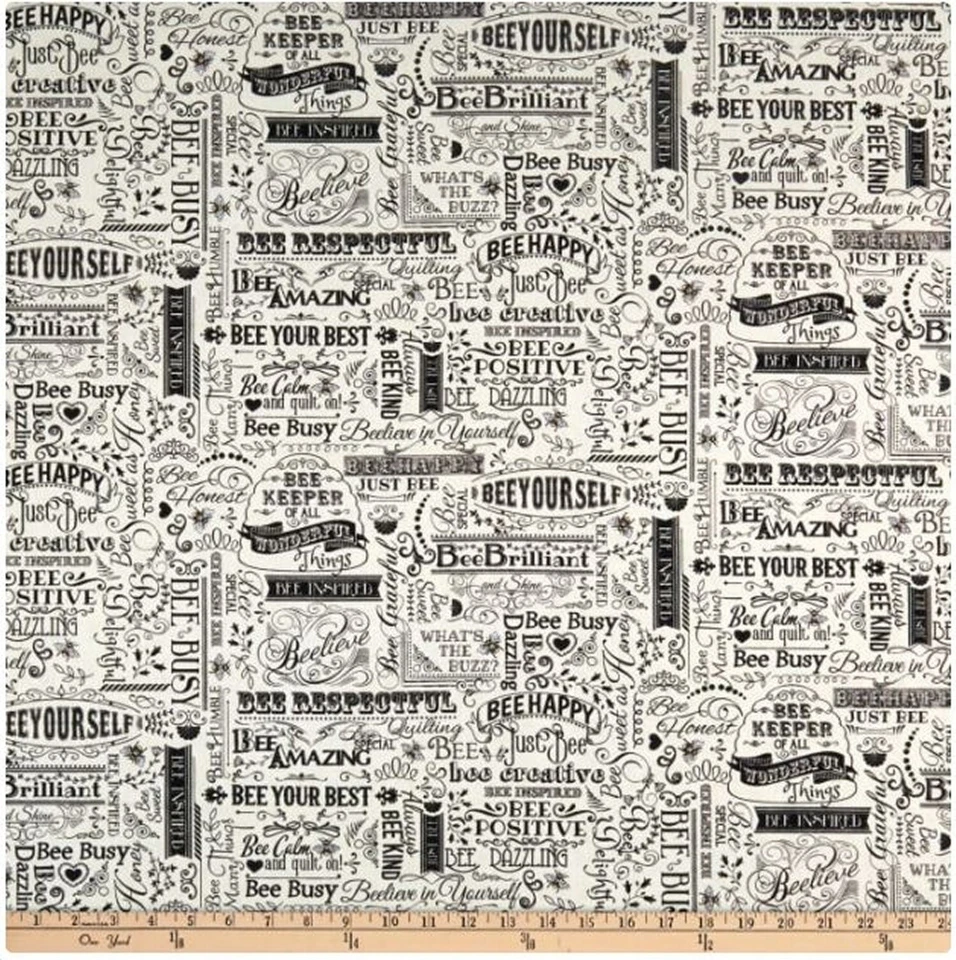 Palabras felices y positivas de abeja por yarda en tela de algodón natural C7172 Foto 2 de 2