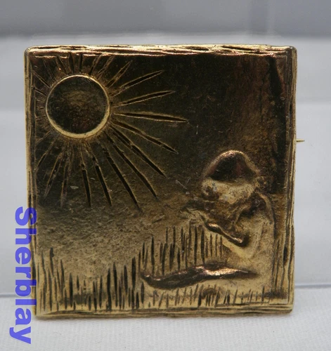 Vintage Costume Jewelry Child under Sun Burst Gold Tone Brooch Pin