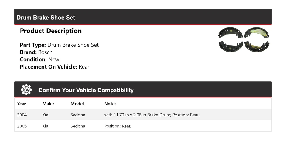 适用于 2004 - 2005 起亚 Sedona Bosch 鼓刹鞋套装后 — 第 2/3 张图片