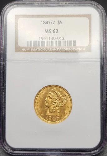 1847/7 $5 Liberty Gold Half Eagle MS 62 NGC, RARE, TOP GRADE!