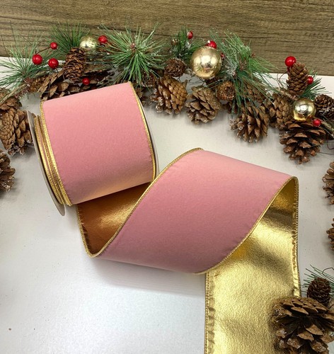 4" wired dutsy pink velvet ribbon gold back Christmas wreath bouquet BY METRE - Picture 3 of 4