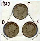 W@W 1920-p,d, s  MERCURY DIMES !!!! ( 3 dimes !!!! ) Average Circulated  !!!!!