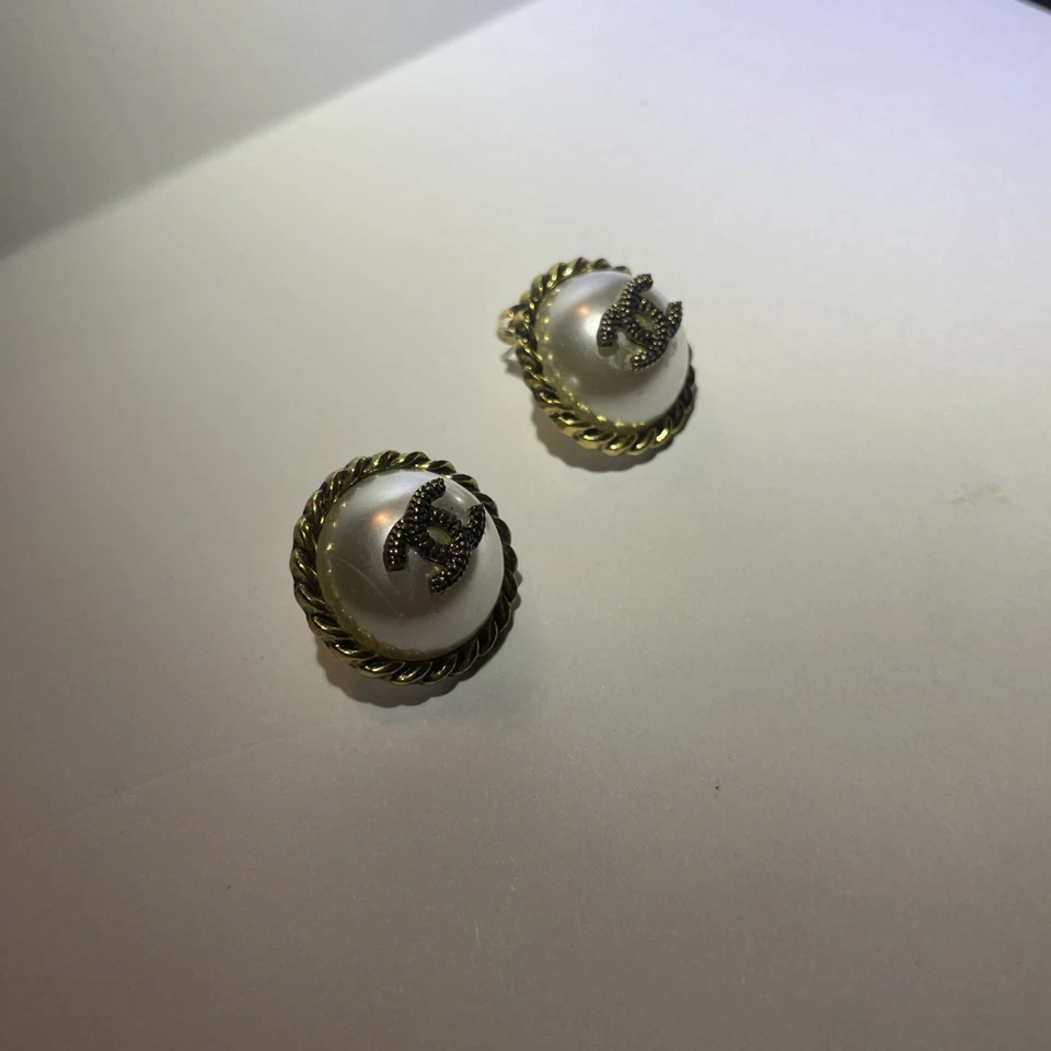 Authentic Vintage Chanel Gold Logo Earrings with Pearl Center – Post Back Studs - Image 2 of 4