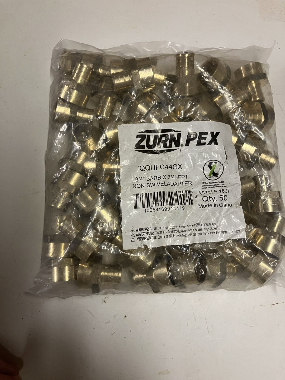 (50) Zurn Pex QQUFC44GX 3/4" Barb x 3/4" FPT Female Brass Non-Swivel Adapter