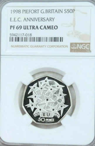 1998 GREAT BRITAIN SILVER 50 PENCE PIEFORT E.E.C. ANNIV NGC PF 69 ULTRA CAMEO