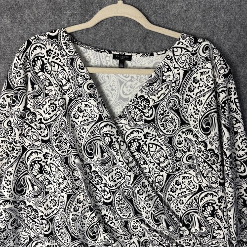 Talbots Top Women's 3X Black White Floral Paisley Faux Wrap Blouse 3/4 Sleeve - Picture 2 of 11