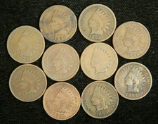 1890-1899 1c Indian Head Cent Penny Set Lot , All 10 Coins , Circulated