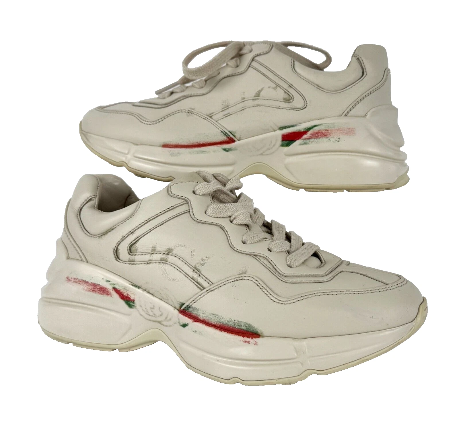 Baskets Gucci Auth Femme 6 US 36 EU Rhyton Cuir Crème Vintage Logo Chaussures