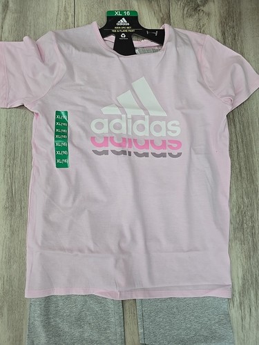 adidas Youth Girls 2-piece Tee and Flare Pant Set Pink/Gray XL (16) NEW - Picture 2 of 3