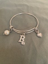 Initial R Bangle Bracelet Charm Silver Tone
