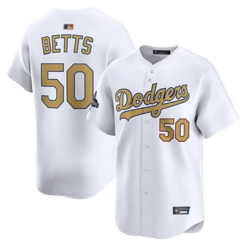 NWT Men's Dodgers #50 Mookie Betts jersey White 2025 Gold Collection S-3XL