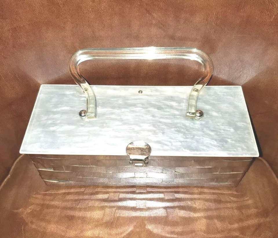 DORSET REX Basket Weave Stainless Steel Box PURSE w/Clear Pearl Lucite Lid 1950s - Image 2 of 4