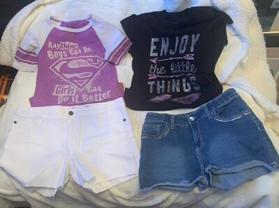 EUC Girls Size 14 Bundle 2 Shorts and 2 Tees Blingy blue denim shorts and white