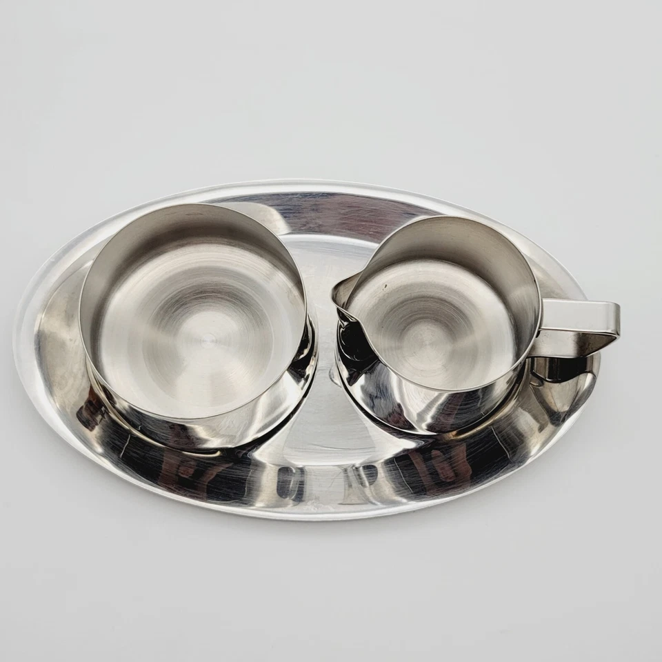 Vintage Stainless Steel Cream & Sugar Set w Tray - Image 2 of 4