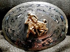 SILVER ABALONE INLAID BULLRIDING RODEO SOUTHWEST STYLE. 3.5" 3" FITS 2" BELT