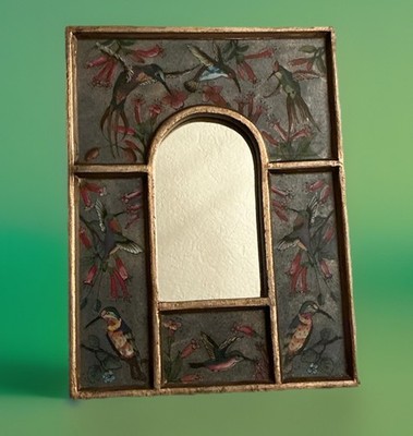 Vintage Robert Weiss Arched Reverse Painted Hummingbird Mirror Wood Gold 8.25 