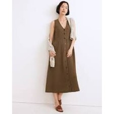 Madewell Zoya Button-Front Sleeveless Midi Dress 2X  Green NWT Lightspun Cotton