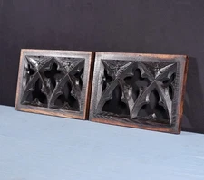 Antique Pair of French Gothic Revival Panels Solid Chestnut Wood Highly Carved
