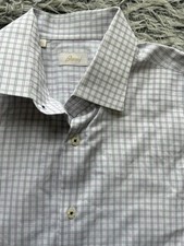 Brioni Dress Shirt Men Large White Cotton Grid Check Long Sleeve Button Up Italy