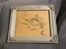 Antique Original SS Pike Calligraphy Folk Art Drawing of Bird Dove & Fruit