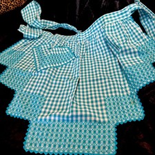 Vtg 1950s Tie Back Apron Retro Boho Blue Check Gingham 19x25 Front / Pocket